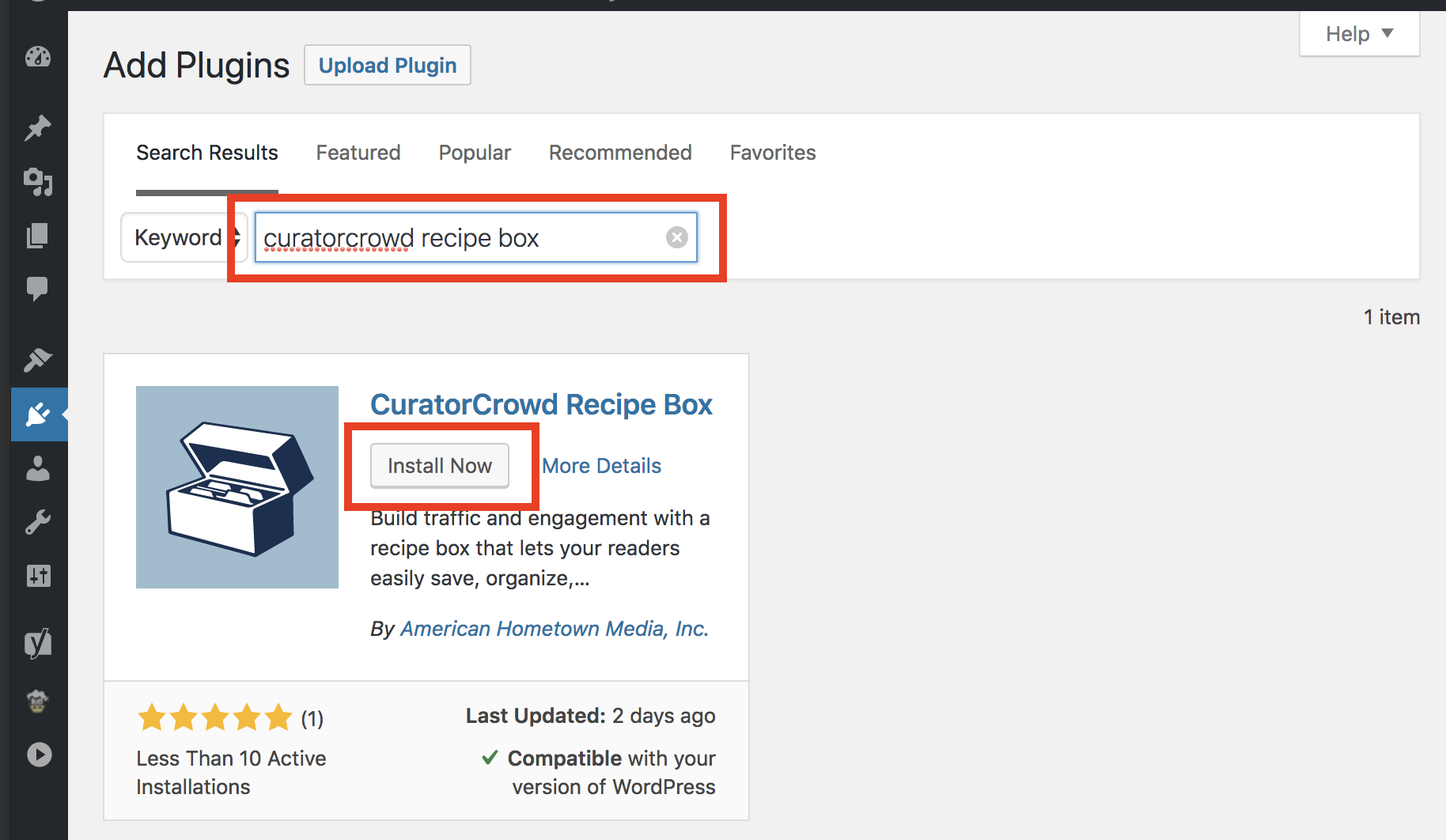 Search for CuratorCrowd Recipe Box and Install